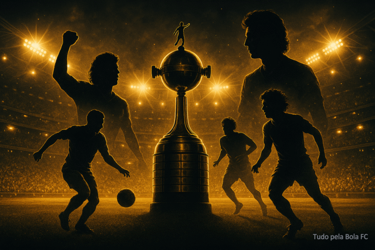 Uma ilustração épica e hiper-realista mostra a taça da CONMEBOL Libertadores no centro, iluminada sob os refletores de um estádio noturno lotado. Ao redor, silhuetas estilizadas e dinâmicas de jogadores lendários representam diferentes eras do torneio. A iluminação cinematográfica cria contraste dramático, destacando a energia e a grandeza histórica da competição. No canto inferior, a marca d’água “Tudo pela Bola FC” aparece de forma suave, translúcida e discreta.