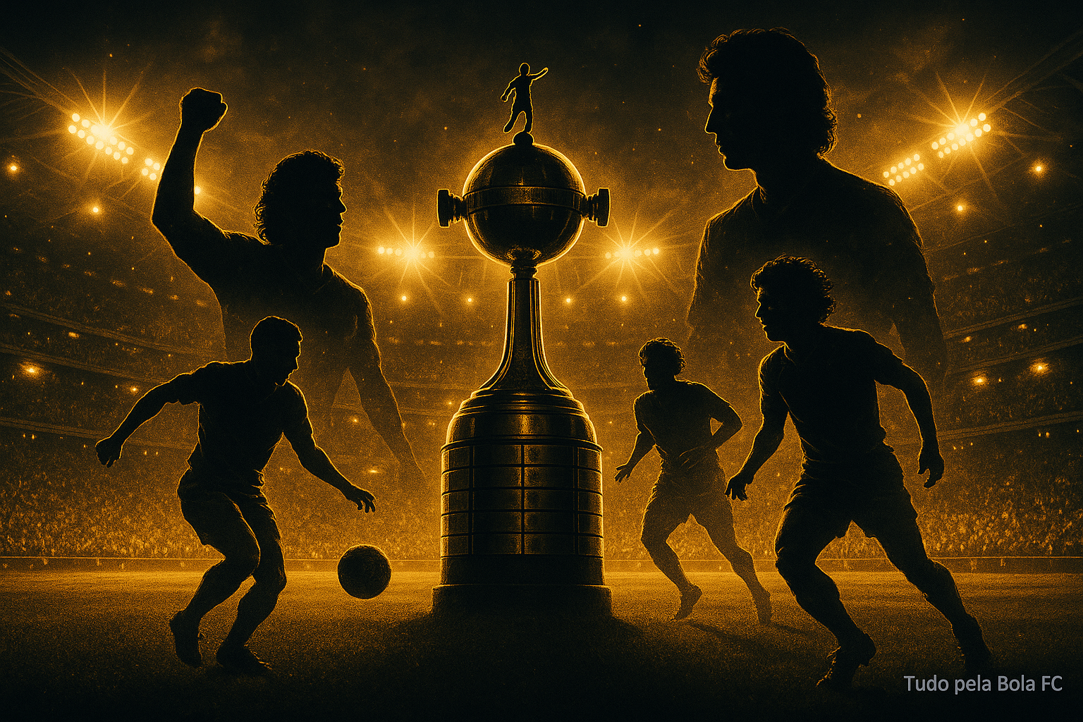 Uma ilustração épica e hiper-realista mostra a taça da CONMEBOL Libertadores no centro, iluminada sob os refletores de um estádio noturno lotado. Ao redor, silhuetas estilizadas e dinâmicas de jogadores lendários representam diferentes eras do torneio. A iluminação cinematográfica cria contraste dramático, destacando a energia e a grandeza histórica da competição. No canto inferior, a marca d’água “Tudo pela Bola FC” aparece de forma suave, translúcida e discreta.