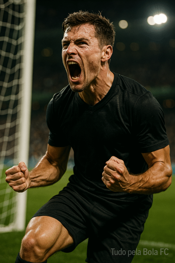 Fotografia hiper-realista captura um jogador de futebol em celebração logo após marcar um gol decisivo. O atleta aparece gritando de emoção, com punhos cerrados e suor brilhando no rosto, transmitindo intensidade e paixão. Ao fundo, a rede do gol ainda ondula, sinal do gol recém-marcado, enquanto a torcida surge em leve desfoque, reforçando o foco no jogador. A iluminação dramática dos refletores do estádio cria contrastes fortes e sombras marcantes, ressaltando cada detalhe da expressão, do uniforme e da textura do gramado. No canto inferior, a marca d’água “Tudo pela Bola FC” aparece suave, translúcida e discreta.