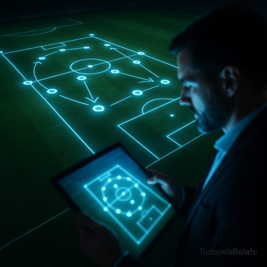 Fotografia realista de um campo de futebol moderno visto de cima, com linhas táticas holográficas brilhantes sobre a grama, enquanto um treinador analisa dados em um tablet iluminado.