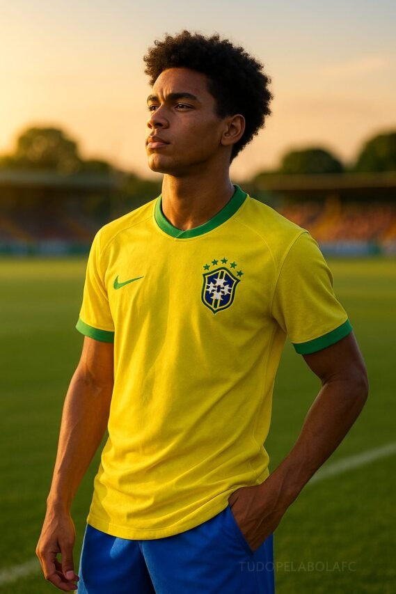 Jovem jogador de futebol brasileiro, confiante e determinado, em pé em campo ensolarado ao entardecer, olhando para o horizonte com expressão de esperança e futuro promissor.