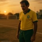 Jogador brasileiro veterano e icônico, volante clássico, contemplando em um campo de futebol simples ao pôr do sol, evocando nostalgia e a essência perdida do futebol.