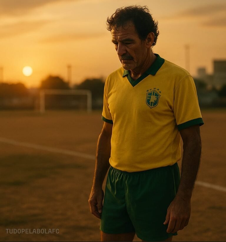 Jogador brasileiro veterano e icônico, volante clássico, contemplando em um campo de futebol simples ao pôr do sol, evocando nostalgia e a essência perdida do futebol.