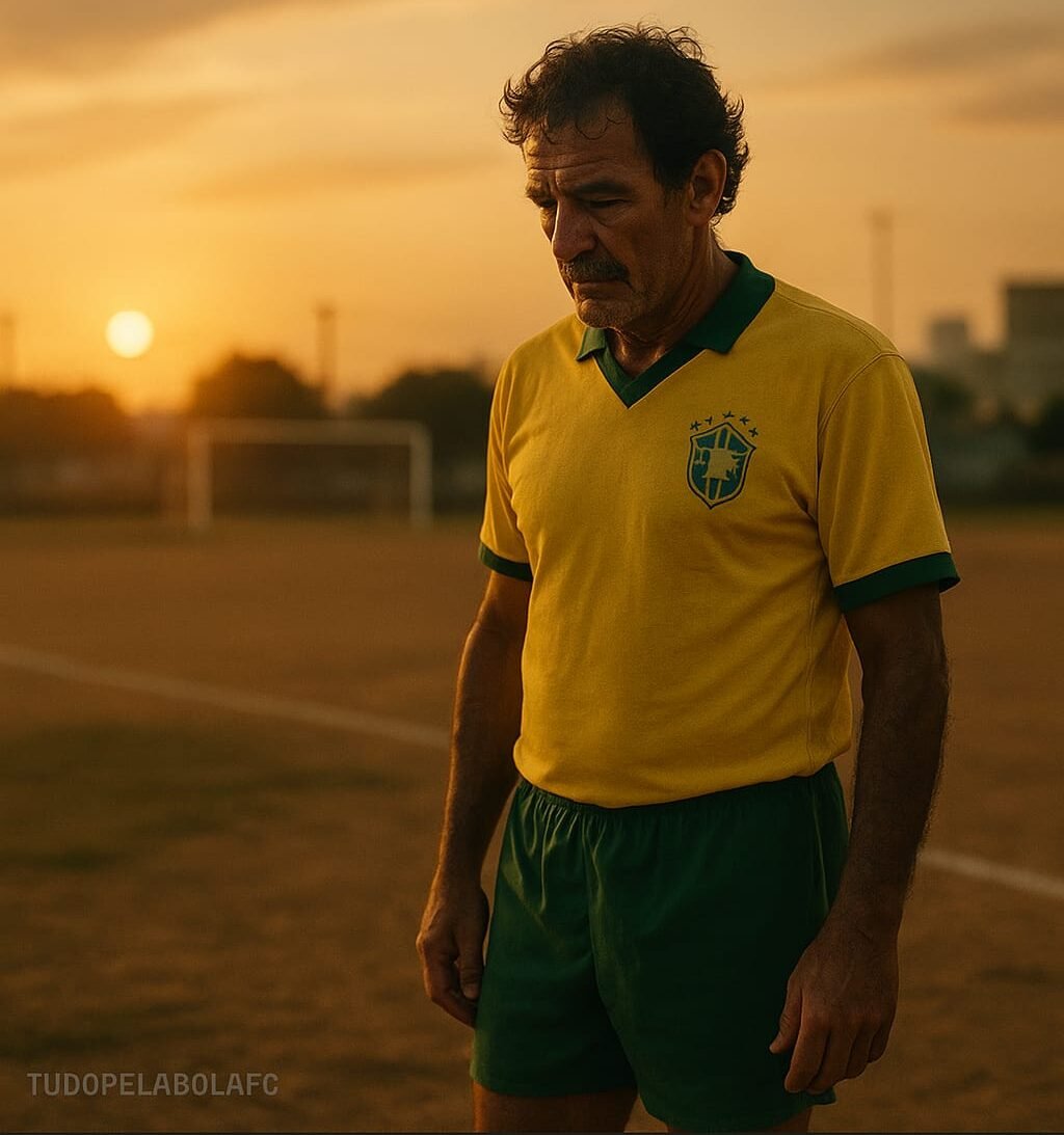 Jogador brasileiro veterano e icônico, volante clássico, contemplando em um campo de futebol simples ao pôr do sol, evocando nostalgia e a essência perdida do futebol.