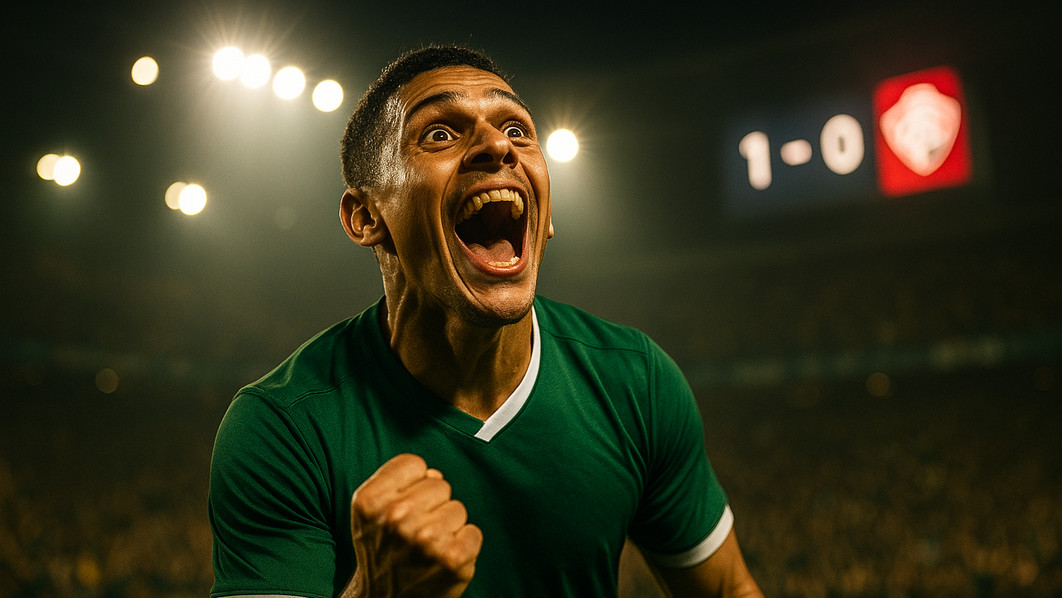 Jogador de futebol vibrando intensamente após marcar um gol, com expressão de euforia no rosto. Ele veste uniforme verde e está em um estádio lotado sob luzes fortes, com o placar ao fundo marcando 1 a 0.