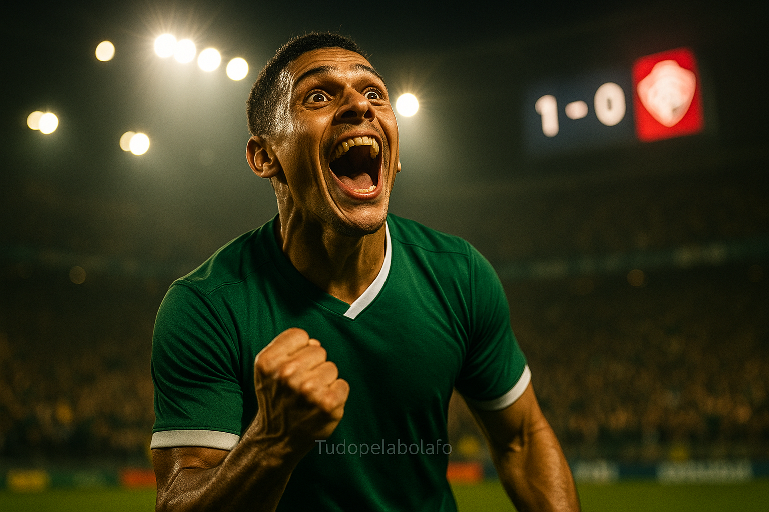 Jogador de futebol vibrando intensamente após marcar um gol, com expressão de euforia no rosto. Ele veste uniforme verde e está em um estádio lotado sob luzes fortes, com o placar ao fundo marcando 1 a 0.