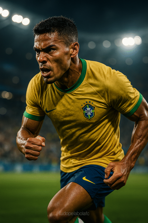 Jogador de futebol brasileiro correndo com intensidade em campo, usando uniforme amarelo com detalhes verdes e azul. Ele está suado, com expressão séria e determinada, capturado de baixo para cima sob luzes fortes de estádio à noite.