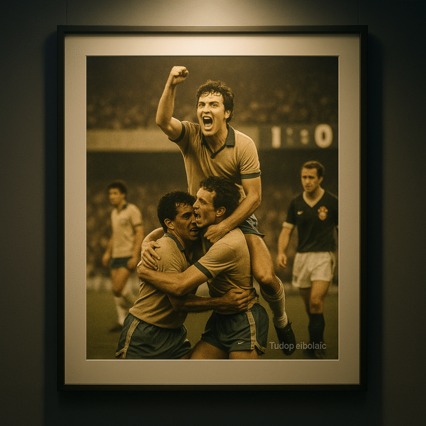Fotografia vintage de um jogador de futebol brasileiro sendo erguido por dois companheiros de equipe após marcar um gol decisivo, com expressão de euforia. Ao fundo, jogadores adversários aparecem cabisbaixos. A imagem está emoldurada e exposta com iluminação especial em um museu moderno.