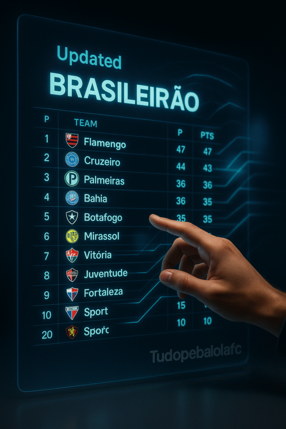 Mão paira sobre display holográfico com tabela do Brasileirão 2025; logos, pontos e linhas luminosas projetam cenários futuros; marca-d’água “Tudopelabolafc”.