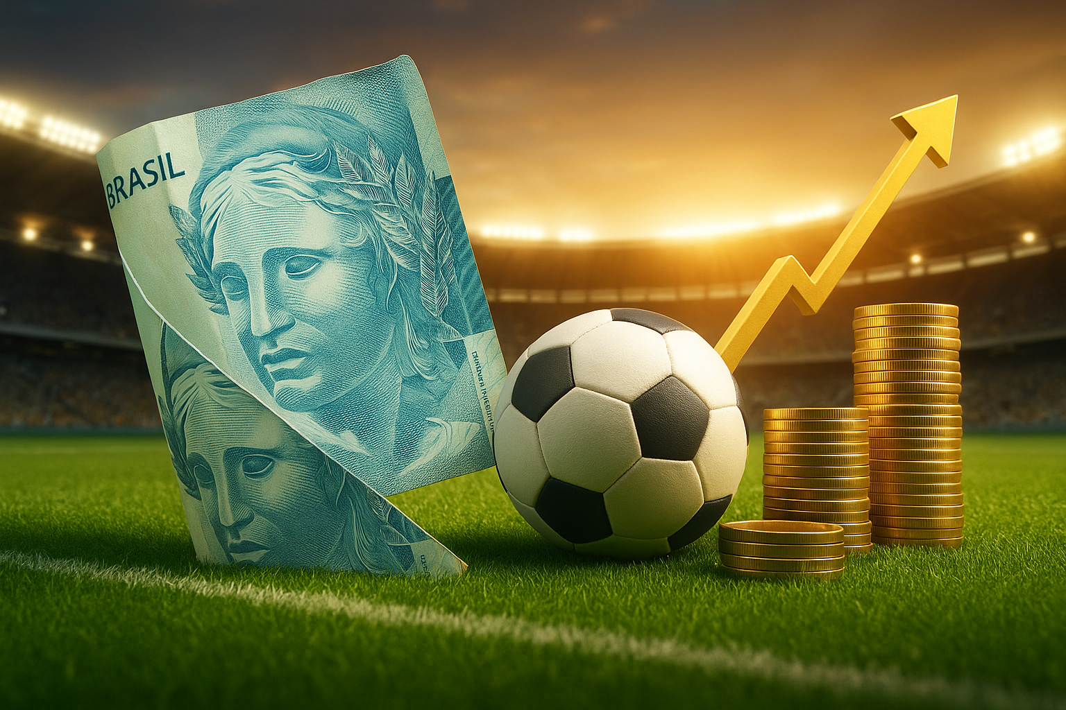 Cédula de real, bola de futebol, pilhas de moedas douradas e uma seta dourada apontando para cima, sobre o gramado de um estádio iluminado pelo pôr do sol.