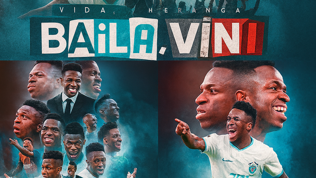 Pôster colagem “Baila, VINI” com vários retratos de um jogador de futebol brasileiro em diferentes emoções e momentos — sorrisos, gritos de comemoração, gestos em campo e de terno — sobre fundo azul esfumaçado com contraste vermelho.