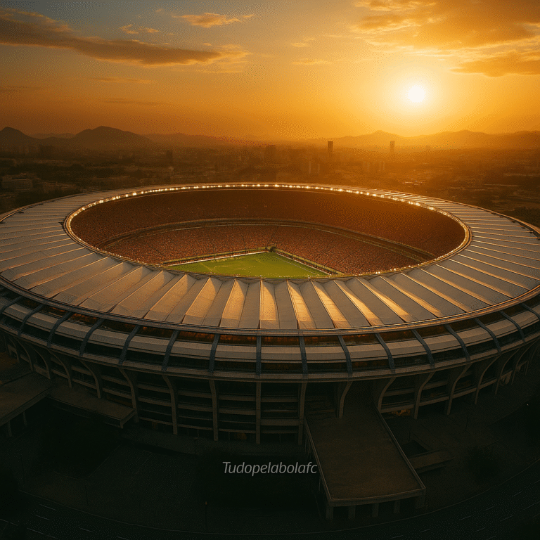 Foto aérea hiper-realista do Estádio do Maracanã lotado ao pôr do sol, iluminado em tons dourados.