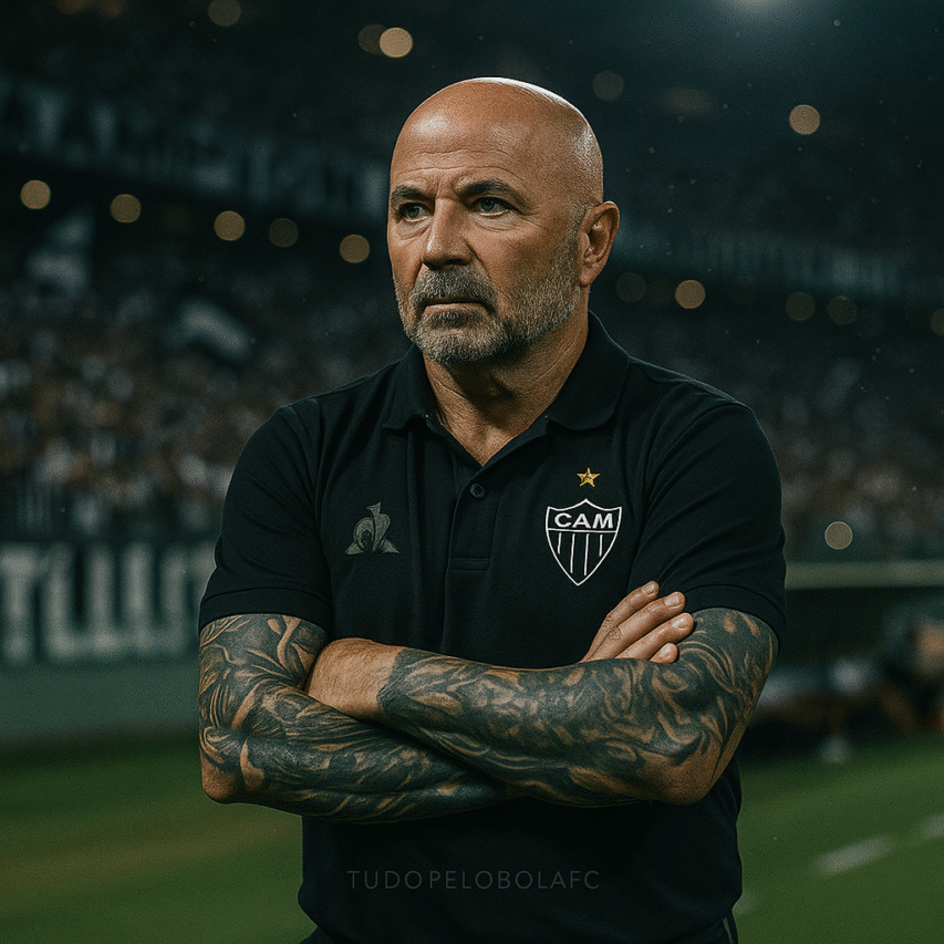 Jorge Sampaoli com expressão séria e braços cruzados, observando atentamente uma partida à noite.