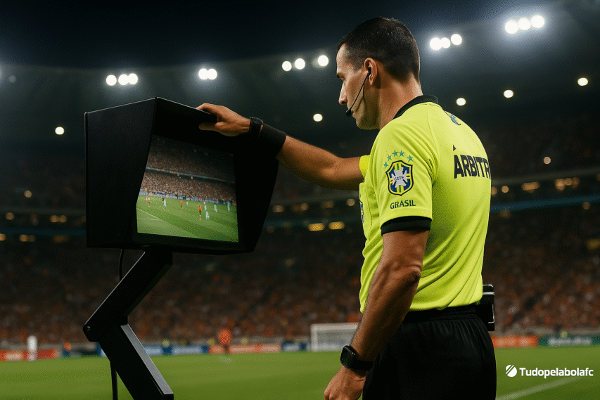"Árbitro brasileiro consultando a cabine do VAR em um estádio iluminado durante partida de futebol."