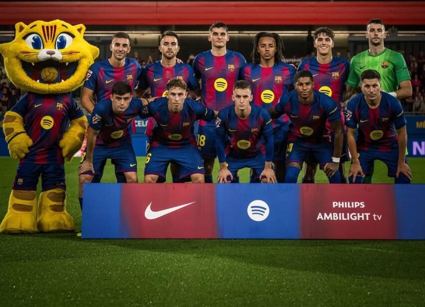 Elenco do Barcelona posando para foto oficial antes da partida, com os jogadores uniformizados no gramado e o mascote do clube ao lado.
