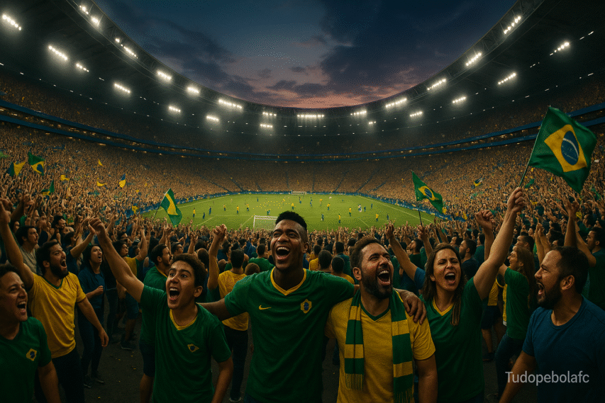 Multidão diversa celebra em estádio moderno lotado, com bandeiras e luzes sob um céu dramático ao entardecer.