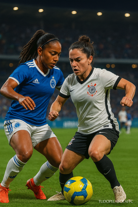 Jogadora do Cruzeiro e jogadora do Corinthians disputam corrida e bola durante a final do Brasileirão Feminino 2025.