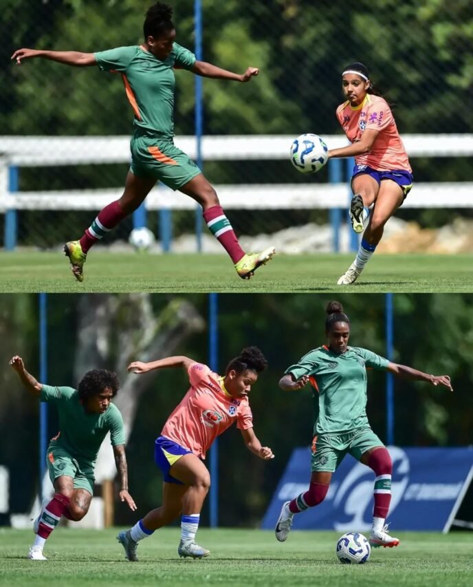 Duas cenas de treino no gramado: na parte superior, disputa de bola com finalização; na inferior, jogadoras em marcação e condução, todas com uniforme do clube e coletes de treino, cercadas por árvores e cercado azul ao fundo.
