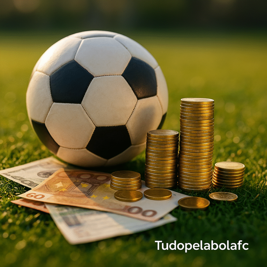 Bola de futebol ao lado de pilhas de moedas e notas de diferentes moedas estrangeiras, no gramado, com marca d’água “Tudopelabolafc”.