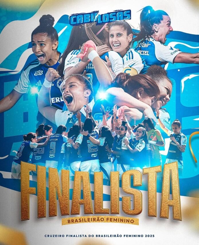 Montagem comemorativa do Cruzeiro feminino celebrando vaga na final do Brasileirão Feminino 2025, com destaque para jogadoras em êxtase.