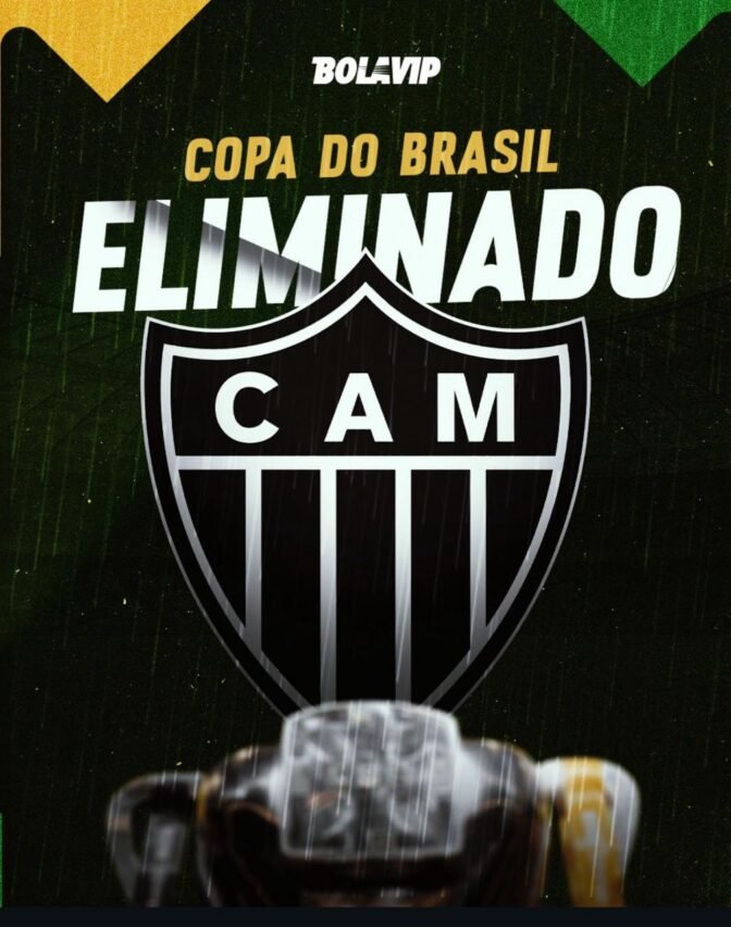Escudo do Atlético-MG com a palavra “Eliminado” em destaque na Copa do Brasil.