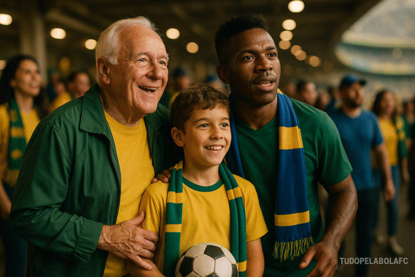Três gerações de torcedores de futebol – avô, pai e filho – comemoram juntos em um estádio, sorrindo e vestindo cachecóis coloridos.