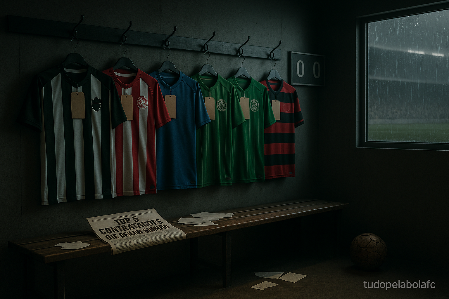 Vestiário escuro com cinco camisas de clubes brasileiros penduradas (preto-e-branco, vermelho-e-branco, azul, verde e rubro-negra), cada uma com etiqueta grande “RESCISÃO”; jornal no banco com a manchete “Top 5 contratações que deram errado”, placar 0–0 na parede, bola murcha no chão e chuva vista pela janela do estádio