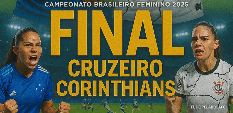 Jogadoras do Cruzeiro e Corinthians frente a frente em clima épico, com o troféu no centro.