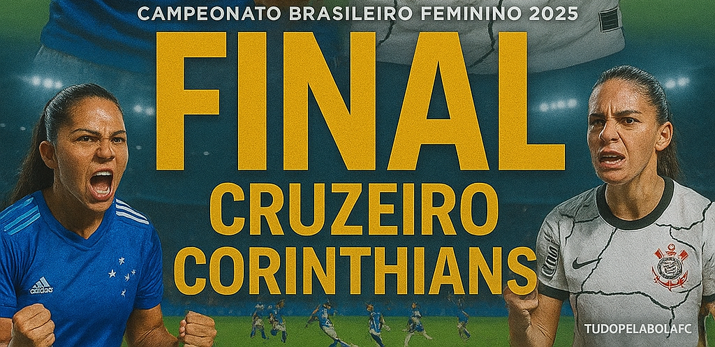 Jogadoras do Cruzeiro e Corinthians frente a frente em clima épico, com o troféu no centro.