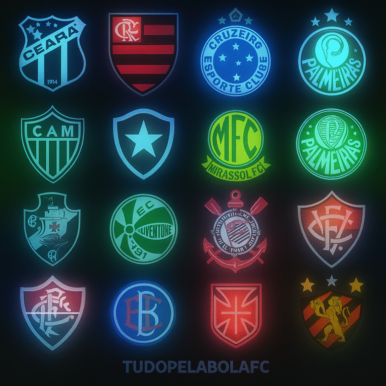Mosaico digital com escudos dos principais clubes do Brasileirão em estilo neon colorido sobre fundo escuro.