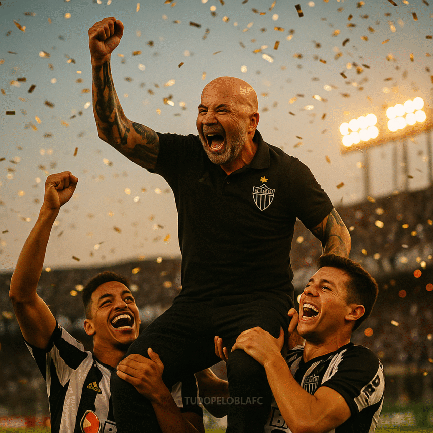 Jorge Sampaoli grita e gesticula com intensidade na beira do campo, em frente a uma torcida do Atlético-MG desfocada ao fundo.