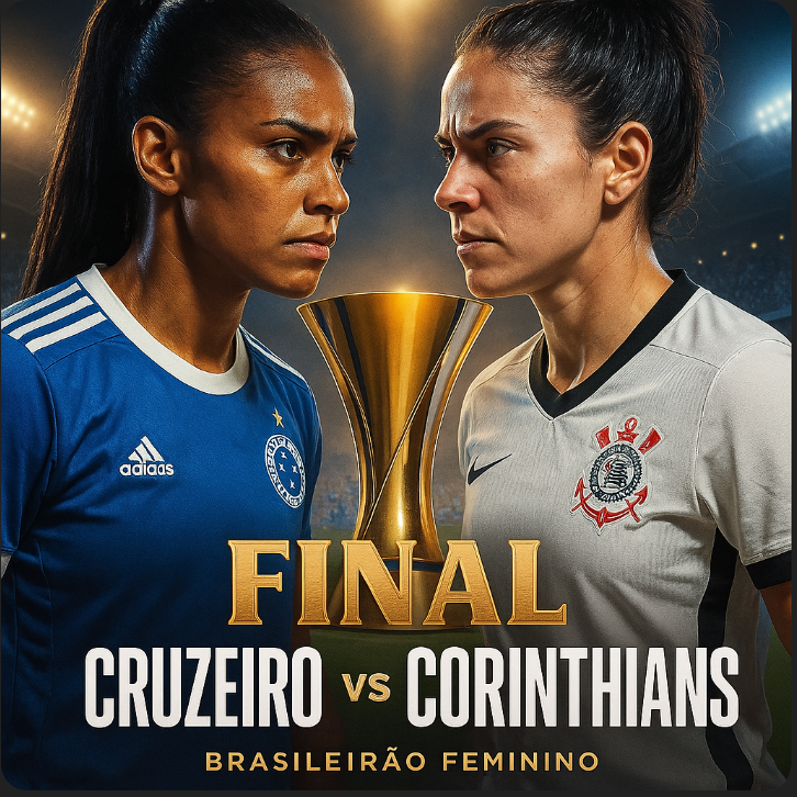 Jogadoras capitãs de Cruzeiro e Corinthians encaram-se frente a frente antes da final do Brasileirão Feminino 2025, com o troféu ao centro.