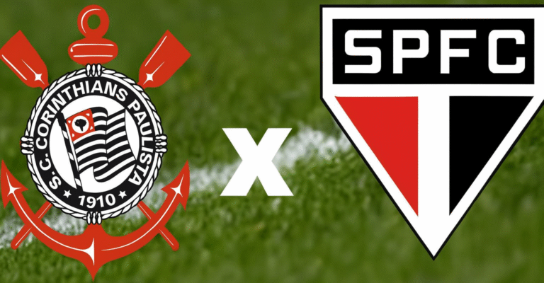 Escudos dos clubes Corinthians (à esquerda) e São Paulo (à direita) posicionados lado a lado sobre um campo de futebol, com um "X" branco no centro indicando o confronto direto entre os dois times.