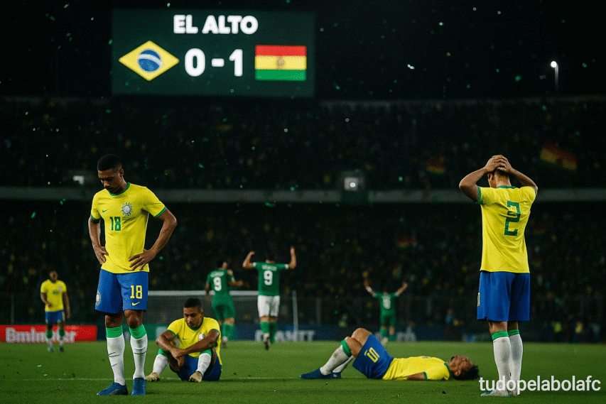 Jogadores do Brasil cabisbaixos no gramado, placar eletrônico ao fundo marcando 0–1 para a Bolívia, estádio lotado à noite em El Alto; marca d’água “tudopelabolafc” no canto inferior direito.