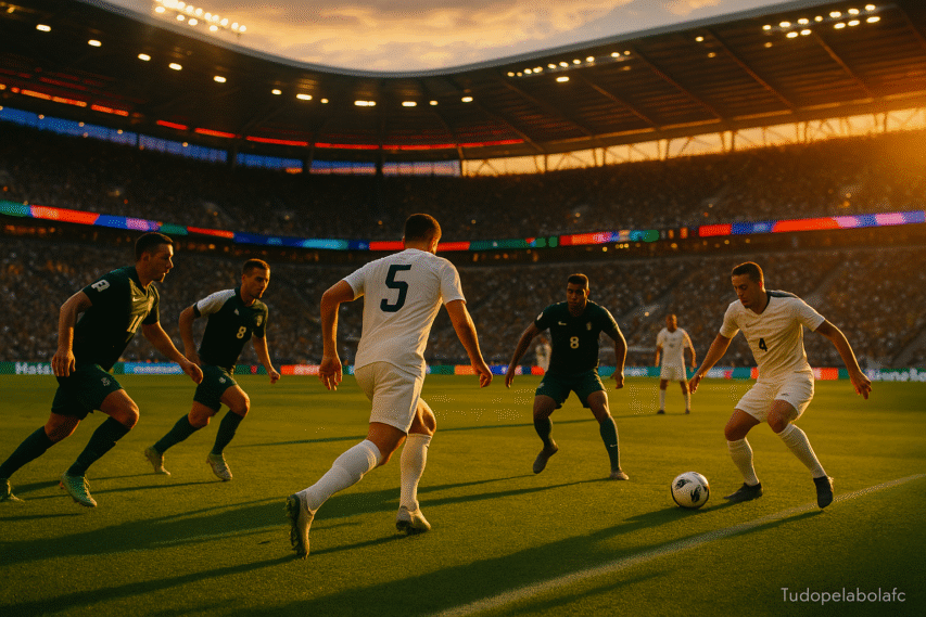 Jogador com a camisa azul número 7 avança com a bola em direção ao gol, cercado por defensores de uniforme laranja em um estádio moderno durante o pôr do sol.