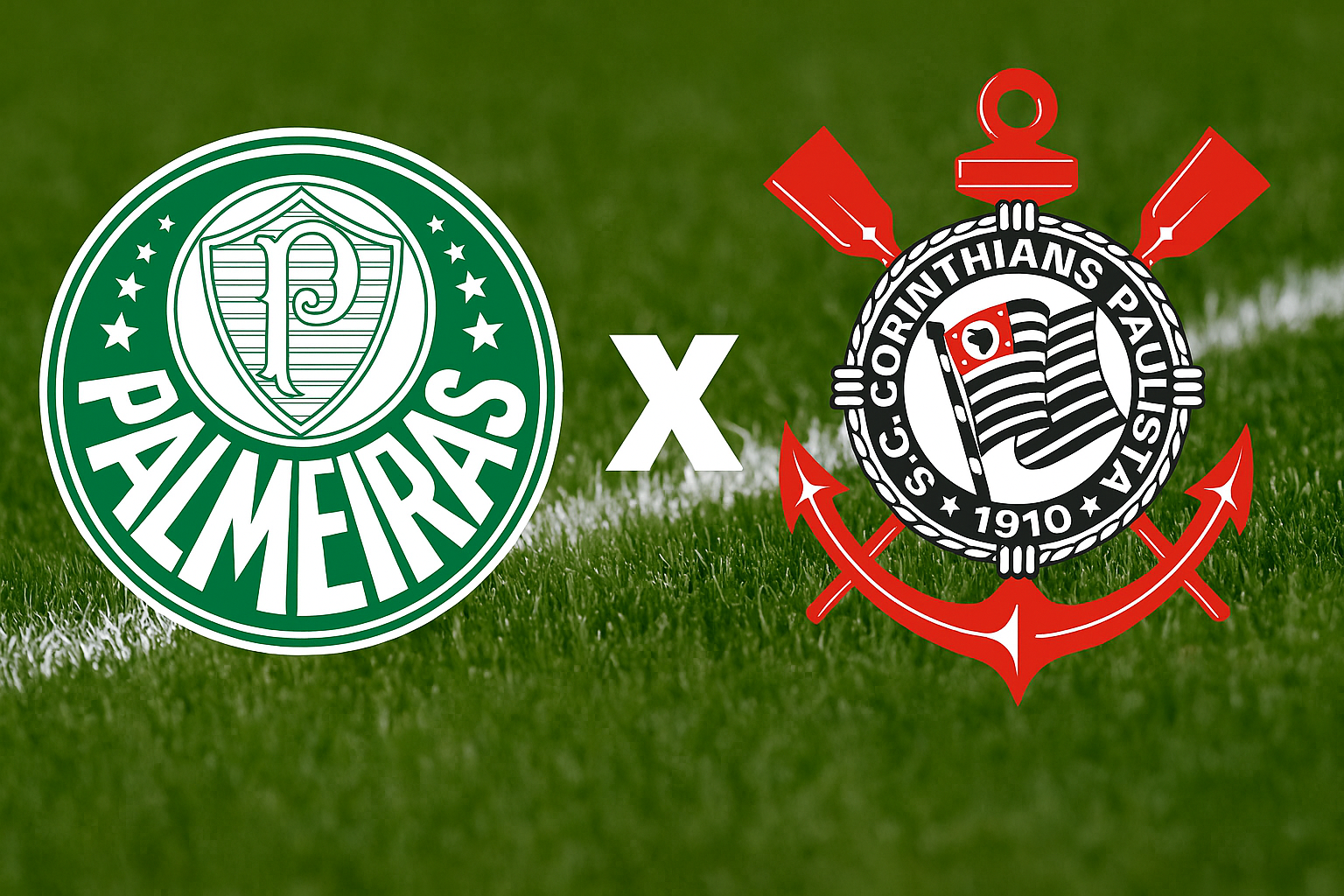 Escudos dos clubes Palmeiras e Corinthians lado a lado sobre um gramado de futebol, separados por um “X” branco central, simbolizando o Dérbi Paulista.