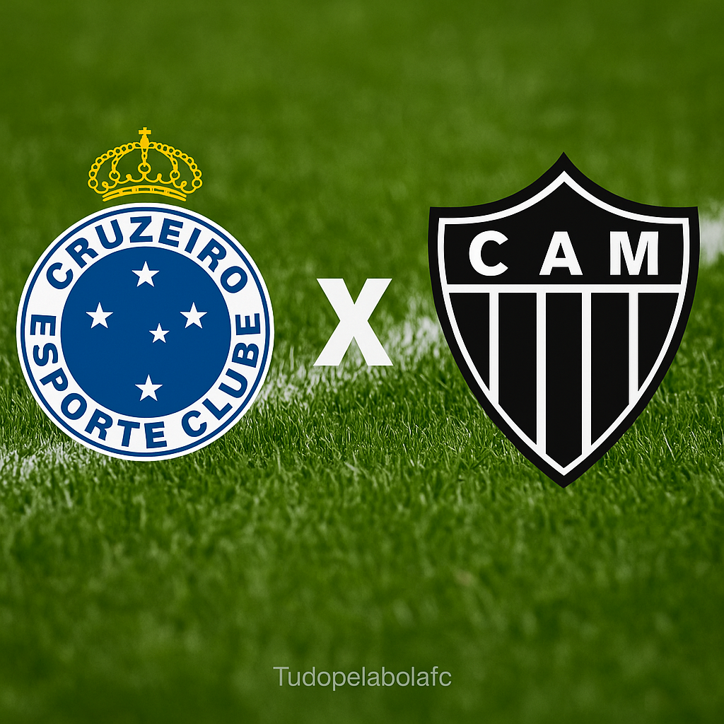Escudos dos clubes Cruzeiro e Atlético-MG posicionados lado a lado sobre um gramado verde, com um "X" branco entre eles, representando o Clássico Mineiro — o maior confronto do futebol em Minas Gerais.