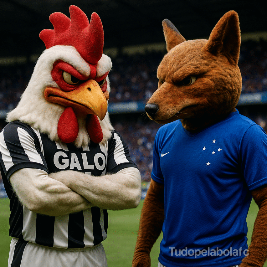 Imagem realista mostrando os mascotes do Atlético-MG (um galo atlético, com postura imponente) e do Cruzeiro (uma raposa confiante, com expressão desafiadora), em pé sobre um gramado de futebol, frente a frente em clima de rivalidade. No canto inferior, há uma marca d’água sutil com a inscrição "TUDOPELABOLAFC".