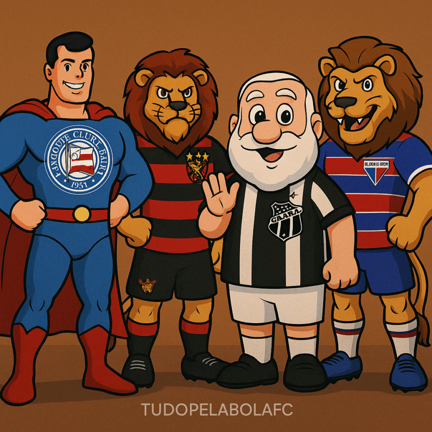 Montagem realista com os mascotes do Bahia, Sport, Ceará e Fortaleza posando juntos em campo, lado a lado, com a marca d’água “TudoPelaBolaFC”.