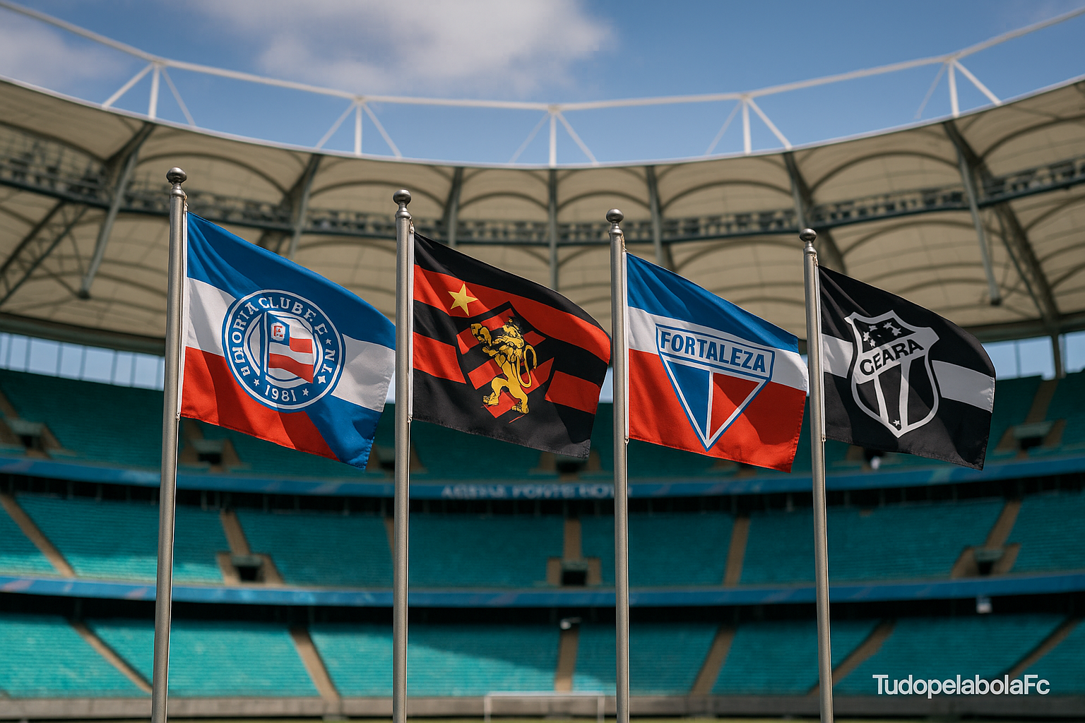 Imagem realista mostrando a parte superior da Arena Fonte Nova, estádio do Bahia, com quatro bandeiras tremulando ao vento: Bahia, Sport, Fortaleza e Ceará. Ao fundo, arquibancadas azuis e céu parcialmente nublado. No canto inferior direito, uma marca d’água discreta com o texto "TUDOPELABOLAFC".