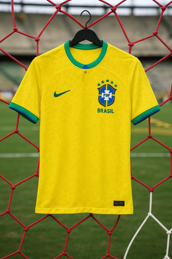 Camisa amarela da Seleção Brasileira pendurada em uma rede de futebol, em primeiro plano, com fundo de estádio desfocado.