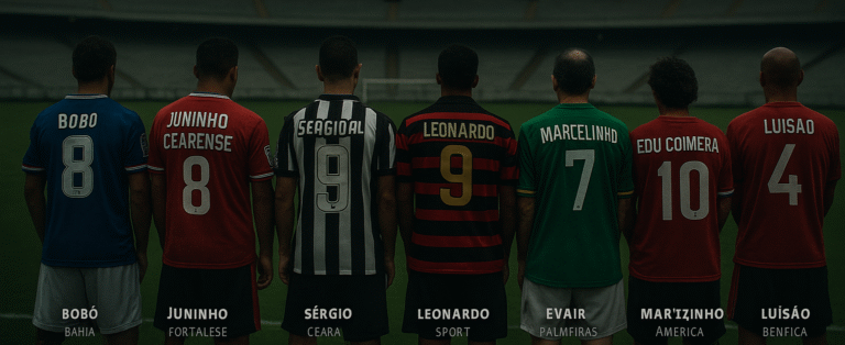 Jogadores vistos de costas em um estádio vazio e nublado, lado a lado, vestindo camisas clássicas de seus clubes com nomes estampados: Bobô (Bahia), Juninho Cearense (Fortaleza), Sérgio Alves (Ceará), Leonardo (Sport), Marcelinho Carioca (Corinthians), Evair (Palmeiras), Edu Coimbra (América-RJ) e Luísão (Benfica).