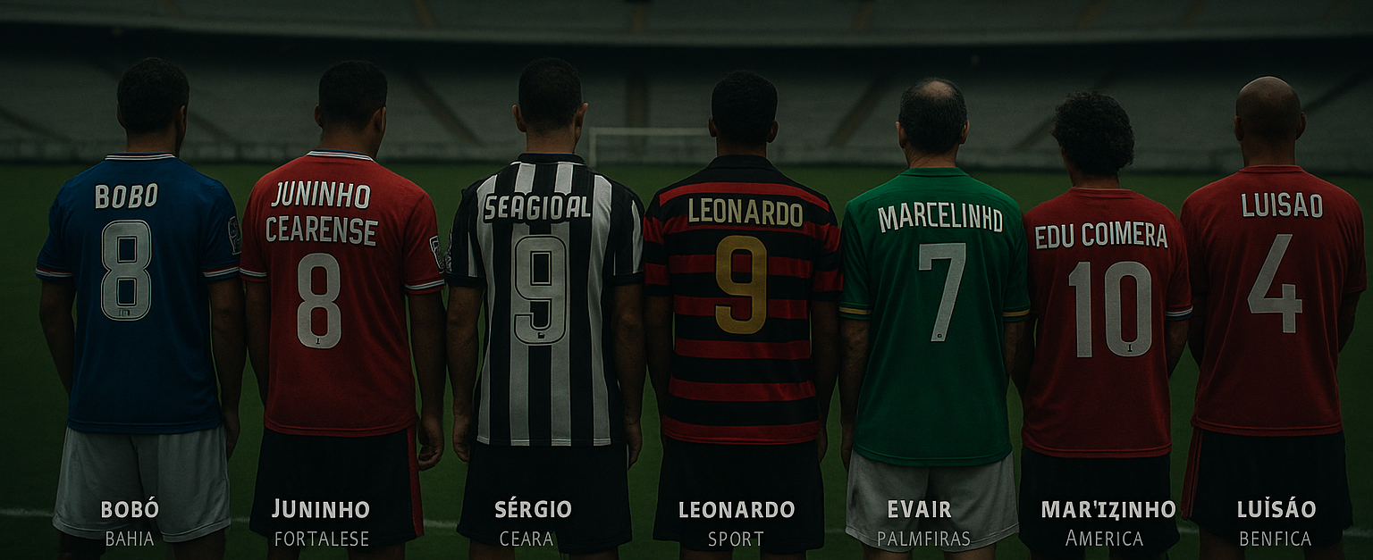 Jogadores vistos de costas em um estádio vazio e nublado, lado a lado, vestindo camisas clássicas de seus clubes com nomes estampados: Bobô (Bahia), Juninho Cearense (Fortaleza), Sérgio Alves (Ceará), Leonardo (Sport), Marcelinho Carioca (Corinthians), Evair (Palmeiras), Edu Coimbra (América-RJ) e Luísão (Benfica).
