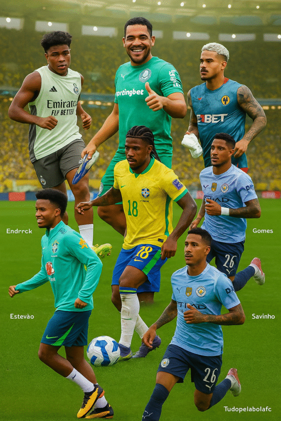 "Montagem realista de seis jovens jogadores brasileiros em ação: Endrick com uniforme do Real Madrid, Vitor Roque com uniforme do Palmeiras, João Gomes com uniforme do Wolverhampton, Savinho com a camisa da Seleção Brasileira, Andrey Santos com uniforme do Manchester City e Estevão em treino da Seleção de base. Ao fundo, o Estádio do Maracanã lotado com torcedores em verde e amarelo."