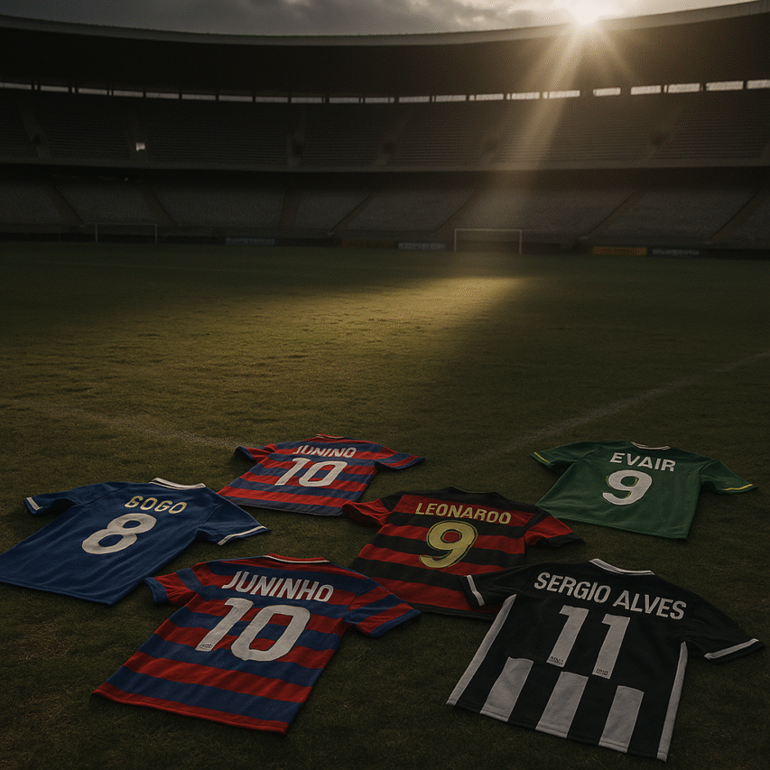 Camisas clássicas de clubes brasileiros espalhadas sobre o gramado de um estádio vazio, iluminadas por um raio de sol que atravessa as arquibancadas.