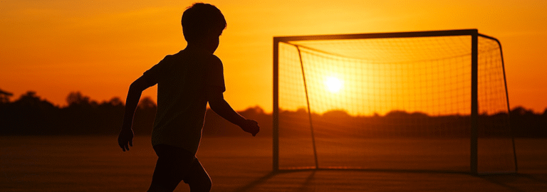 "Silhueta de um menino correndo atrás de uma bola em direção a um gol vazio, em campo iluminado pelo pôr do sol dourado."