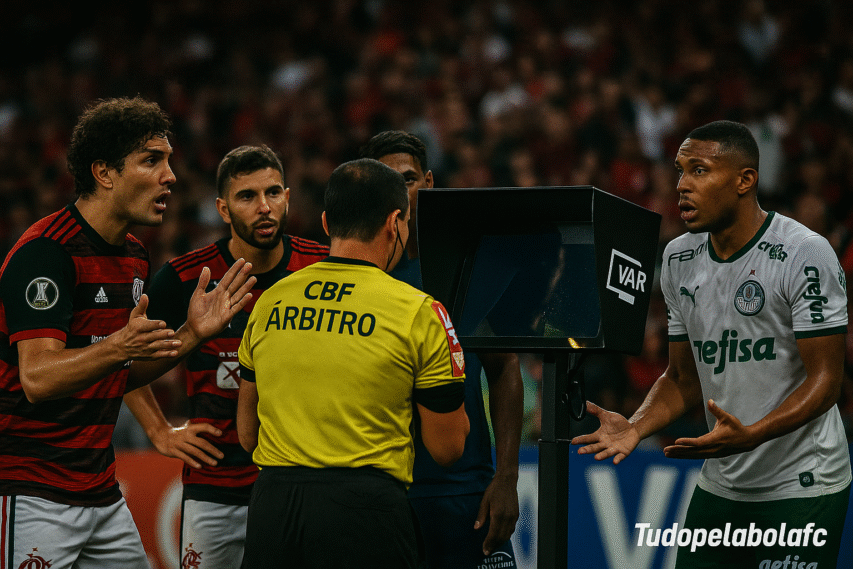 Árbitro mostra cartão vermelho em campo dividido entre torcidas rivais, simbolizando as maiores polêmicas do futebol mundial.