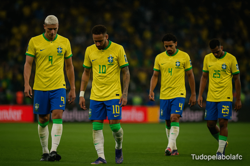 "Jogadores da Seleção Brasileira cabisbaixos em campo, incluindo Neymar, Richarlison, Marquinhos e outro atleta, demonstrando frustração após partida."