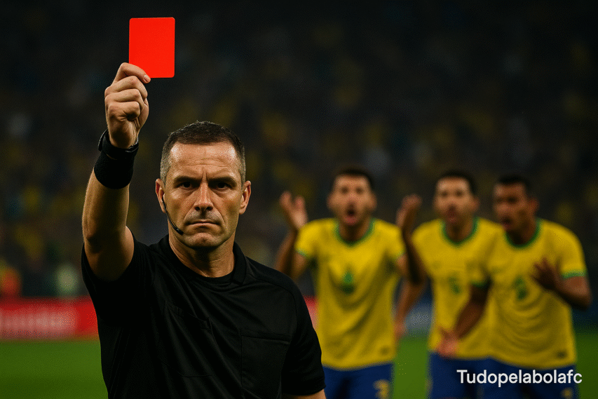 Árbitro segurando cartão vermelho em primeiro plano, enquanto jogadores ao fundo reagem com indignação.
