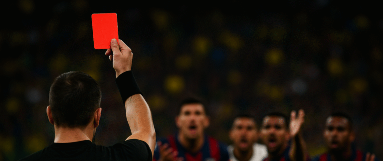 "Árbitro segurando cartão vermelho em primeiro plano, enquanto jogadores ao fundo reagem com indignação.